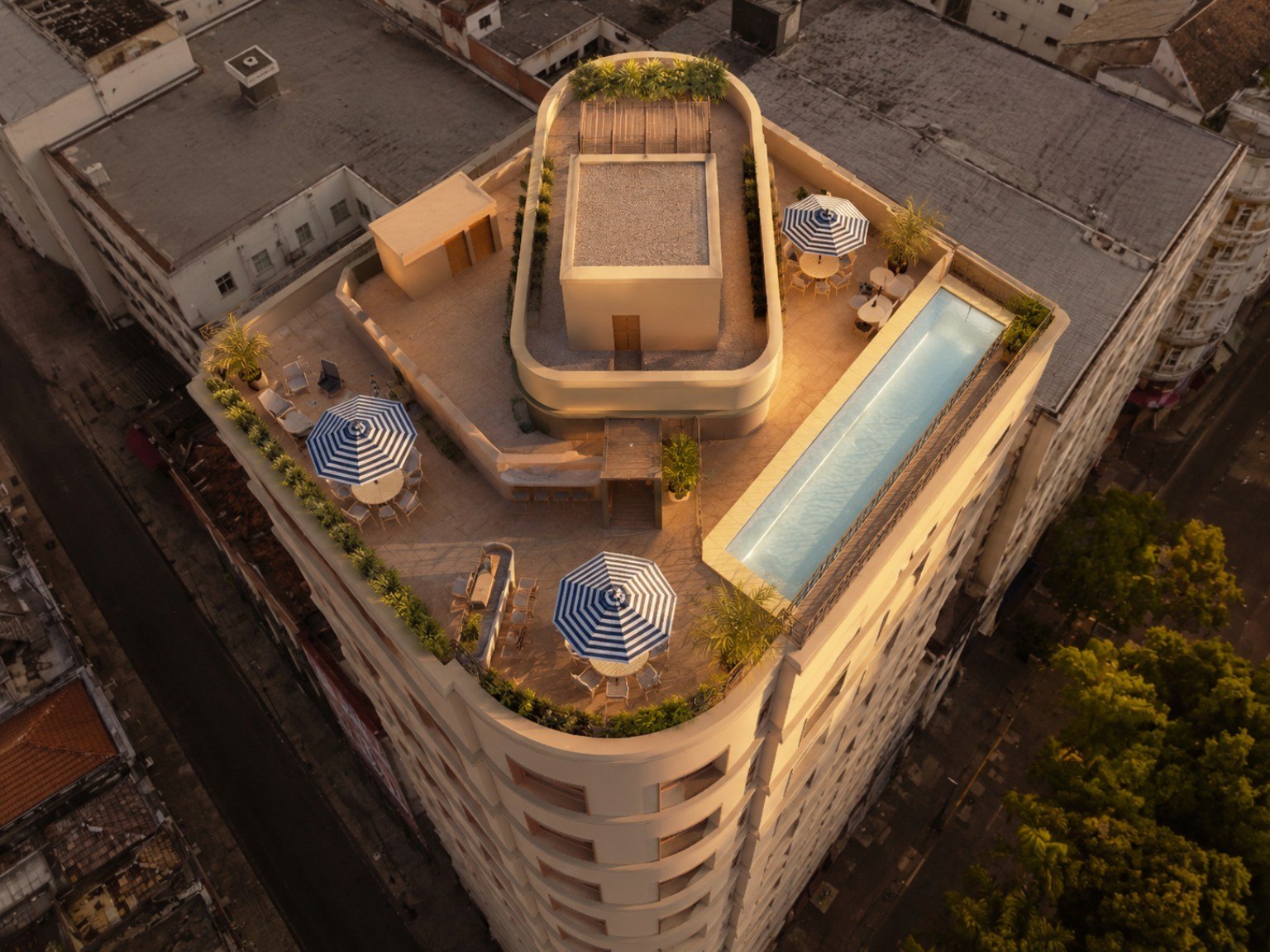 Rooftop do WPX Studios Rio Branco 26 com piscina e área de lazer
